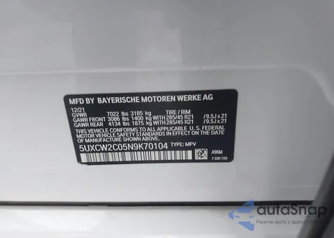 2022 BMW X7 xDrive40I z USA, uszkodzony, nr VIN 5UXCW2C05N9K70104